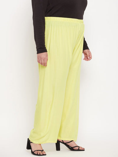 Lemon solid rayon palazzo with elasticated waistband and drawstring.