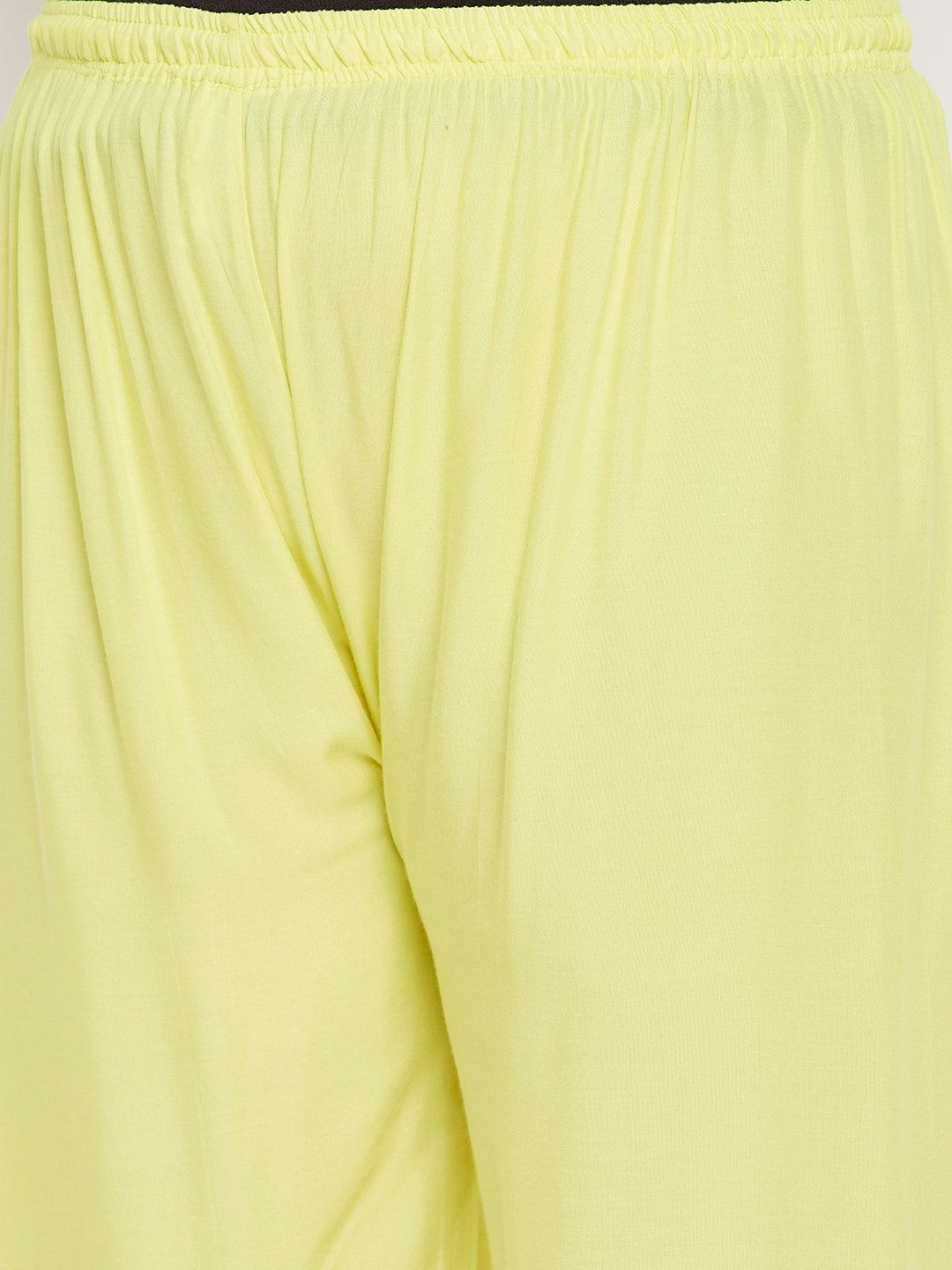 Lemon solid rayon palazzo with elasticated waistband and drawstring.