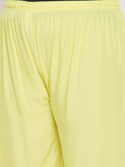 Lemon solid rayon palazzo with elasticated waistband and drawstring.