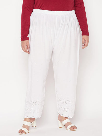White embroidered Chikankari rayon palazzo with elasticated waistband and drawstring.