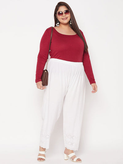 White Embroidered Chikankari Rayon Palazzo with elasticated waistband and drawstring.