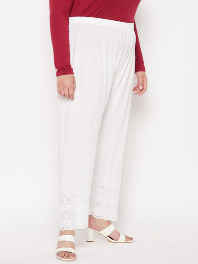 White Embroidered Chikankari Rayon Palazzo with elastic waistband and drawstring.