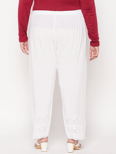 White embroidered Chikankari rayon palazzo with elasticated waistband and drawstring.