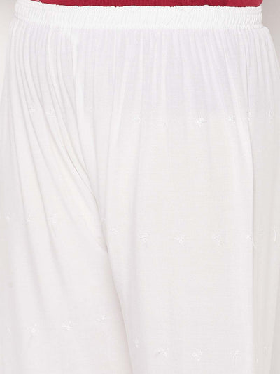 White Embroidered Chikankari Rayon Palazzo with elasticated waistband.