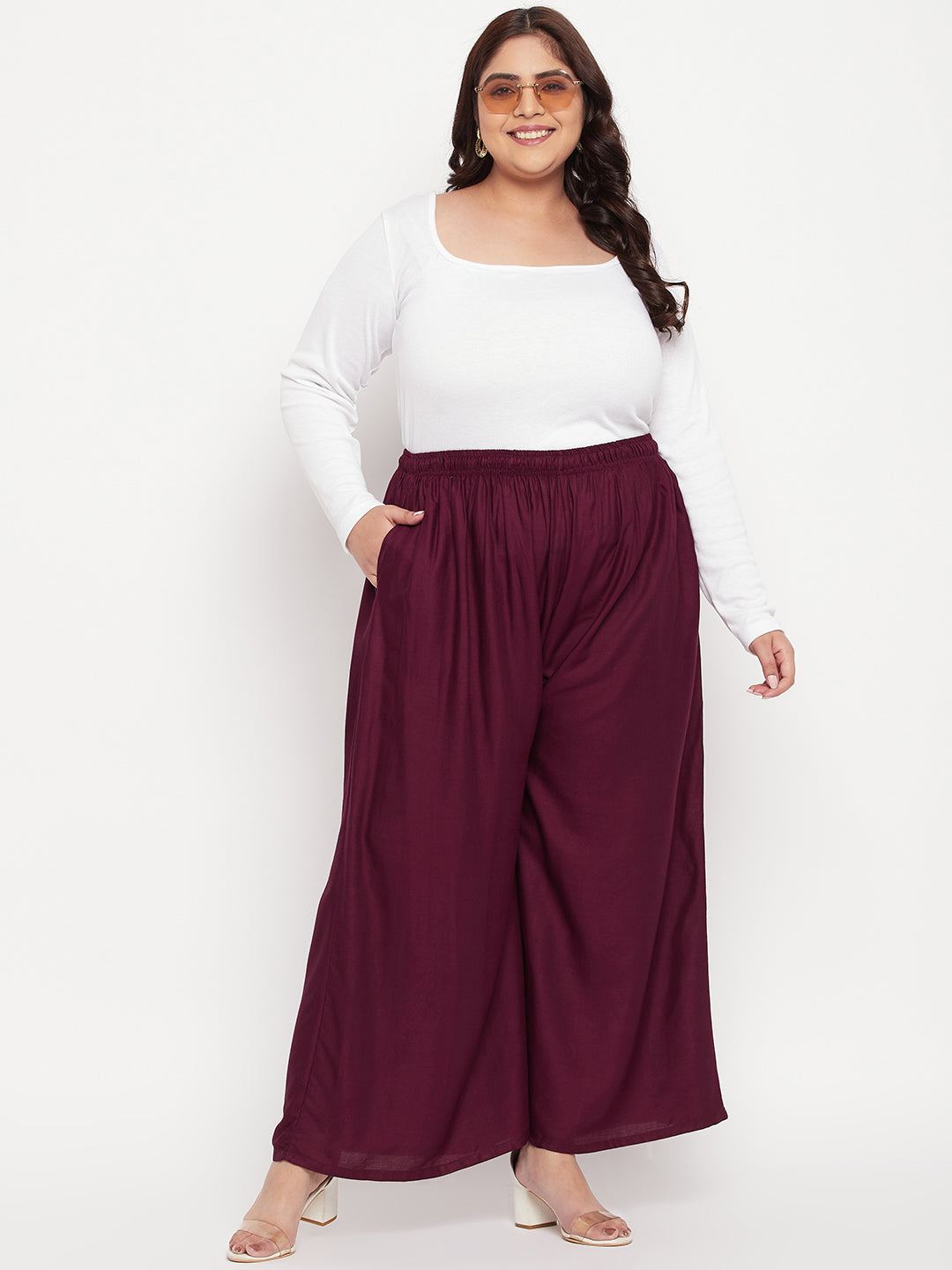Wine Solid Rayon Jumbo Sharara with elasticated waistband and drawstring.