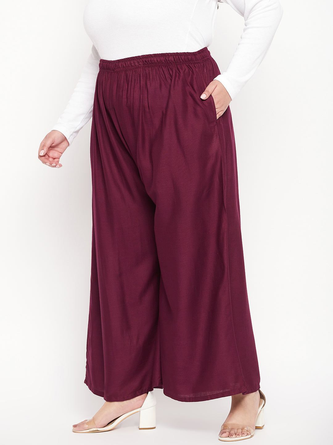 Wine Solid Rayon Jumbo Sharara with elasticated waistband and drawstring.