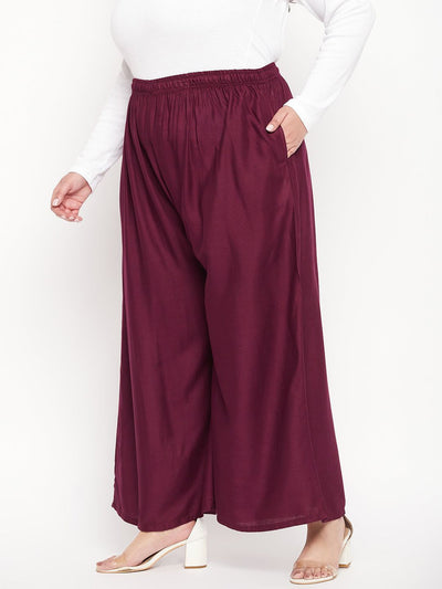 Wine Solid Rayon Jumbo Sharara with elasticated waistband and drawstring.