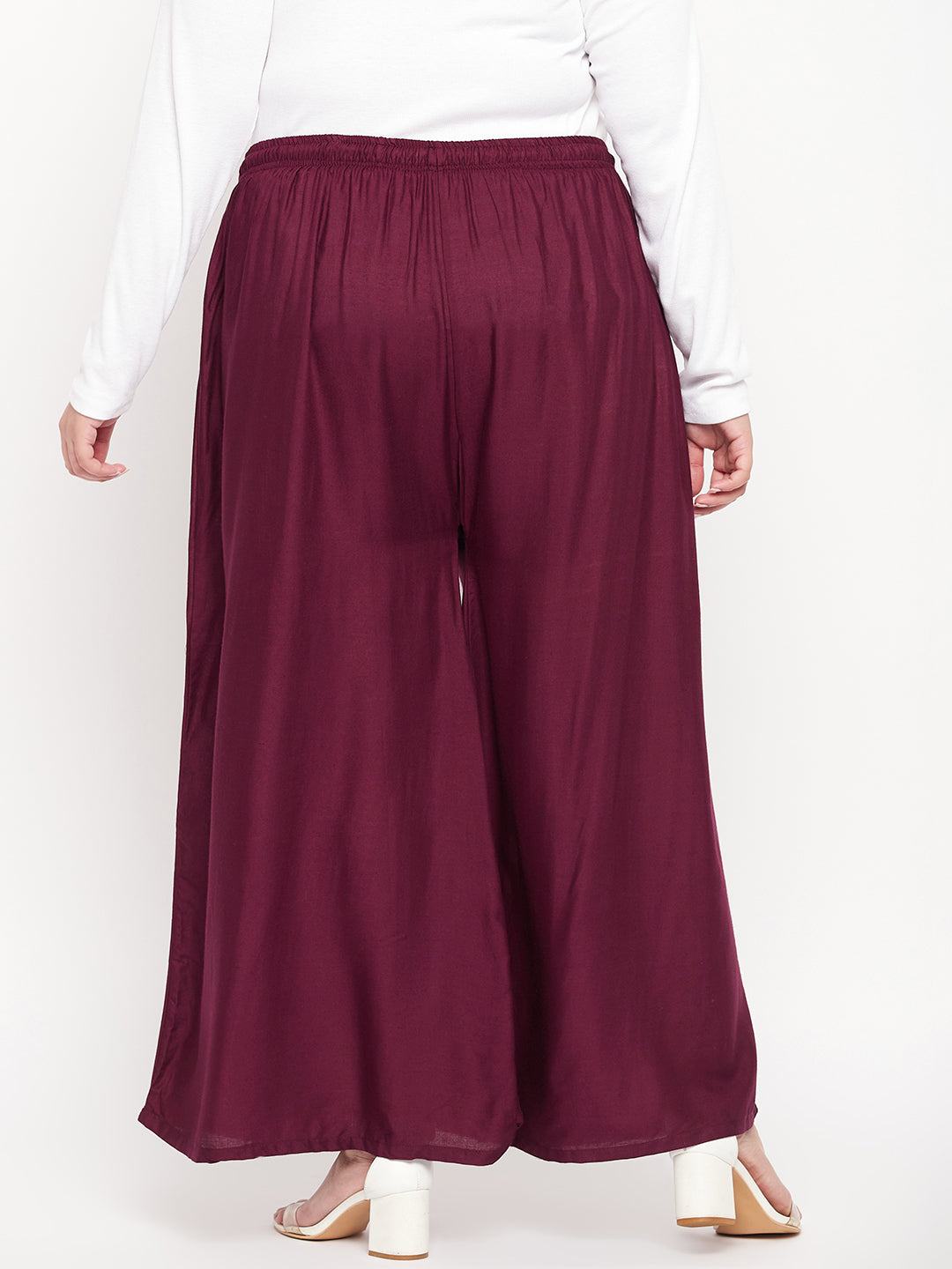 Wine Solid Rayon Jumbo Sharara with elasticated waistband and drawstring.