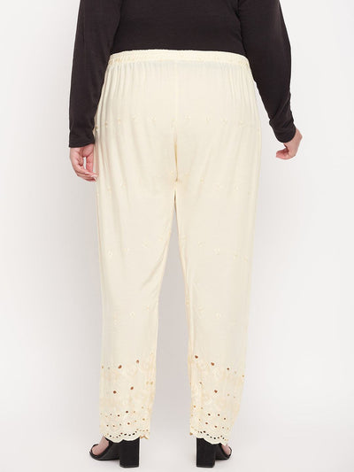 Cream embroidered chikankari rayon palazzo with elasticated waistband and drawstring.