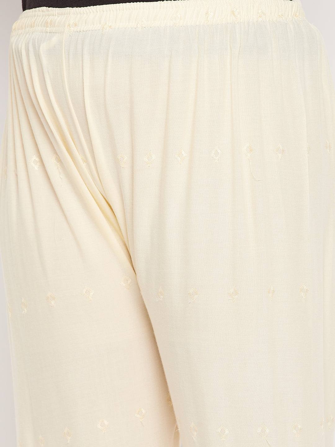 Cream Embroidered Chikankari Rayon Palazzo with elasticated waistband and drawstring.