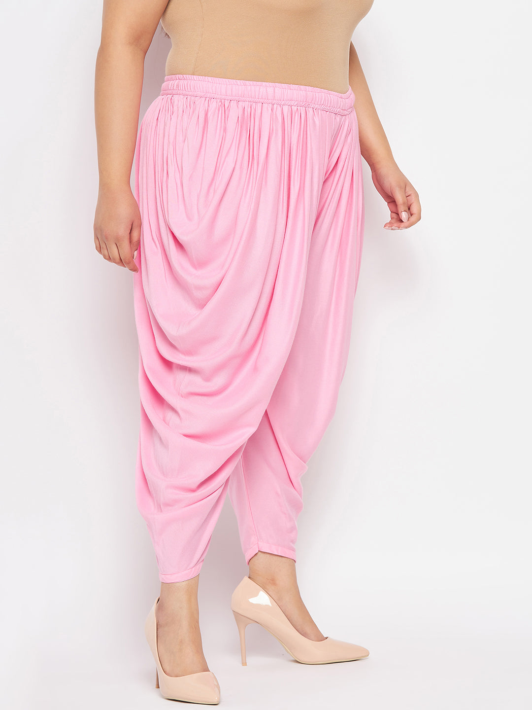 Baby Pink Solid Rayon Dhoti Salwar with elasticated waistband and drawstring.