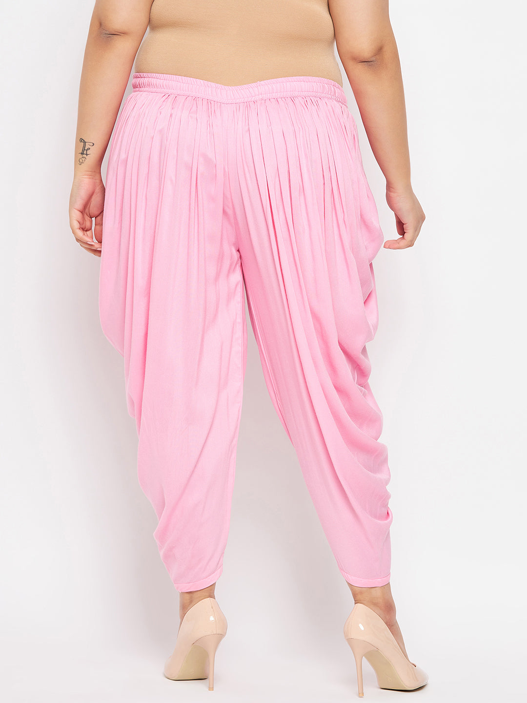 Baby Pink Solid Rayon Dhoti Salwar with elasticated waistband and drawstring.