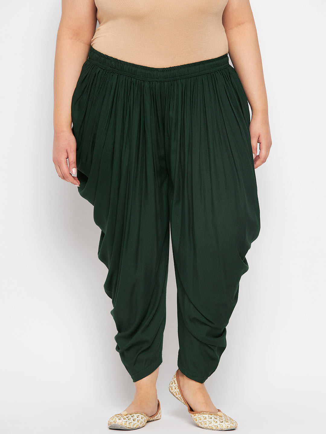 Bottle Green Solid Rayon Dhoti Salwar with elasticated waistband and drawstring.