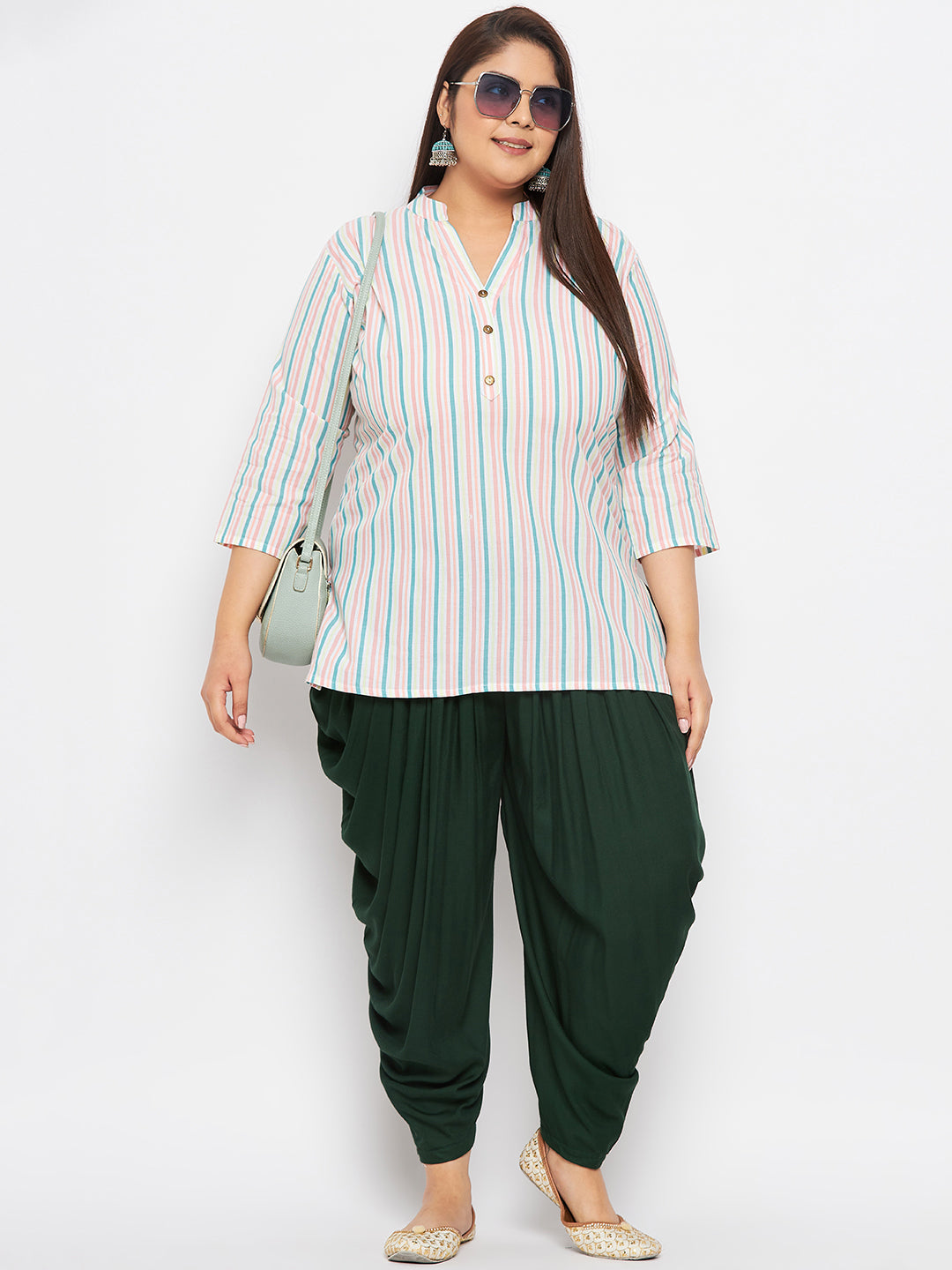 Bottle Green Solid Rayon Dhoti Salwar with elasticated waistband.