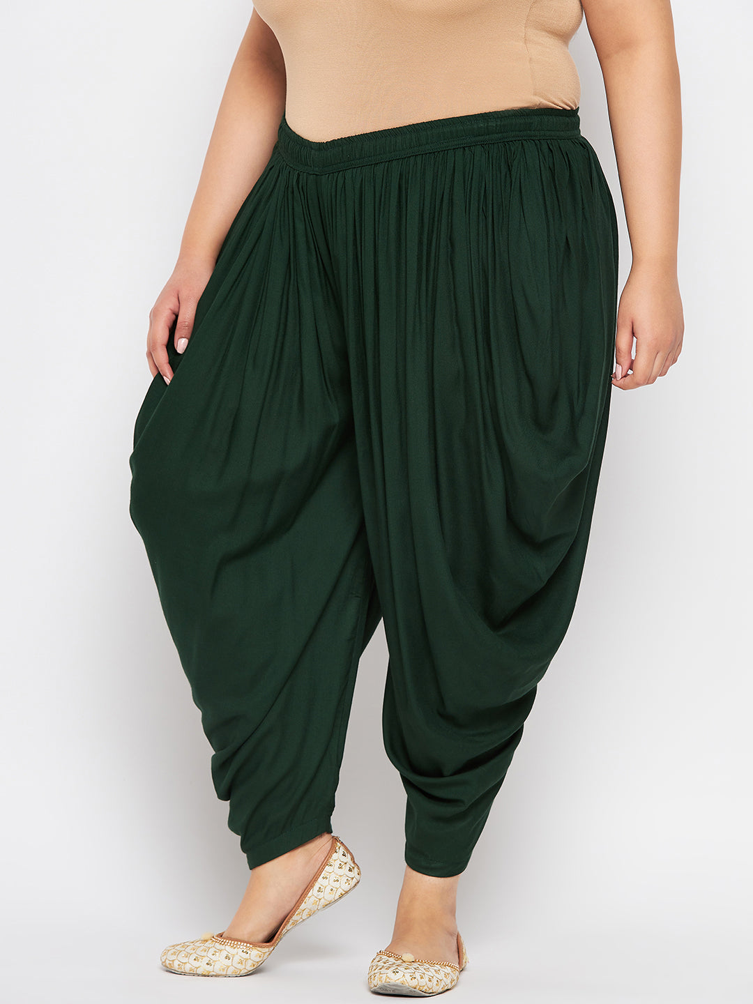 Bottle Green Solid Rayon Dhoti Salwar with elasticated waistband and drawstring.