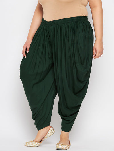 Bottle Green Solid Rayon Dhoti Salwar with elasticated waistband and drawstring.