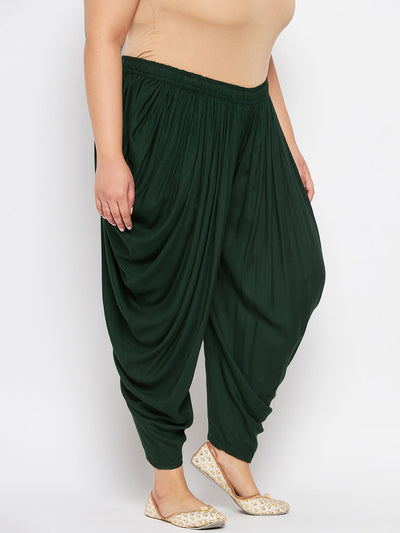Bottle Green Solid Rayon Dhoti Salwar with elastic waistband and drawstring.