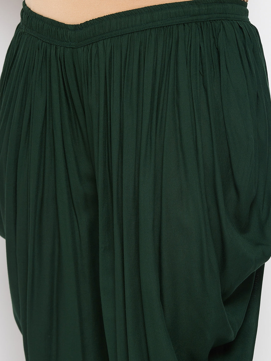 Bottle Green Solid Rayon Dhoti Salwar with elasticated waistband and drawstring.