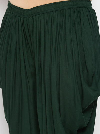 Bottle Green Solid Rayon Dhoti Salwar with elasticated waistband and drawstring.