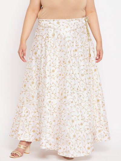 White & Gold Embroidered Flared Skirt