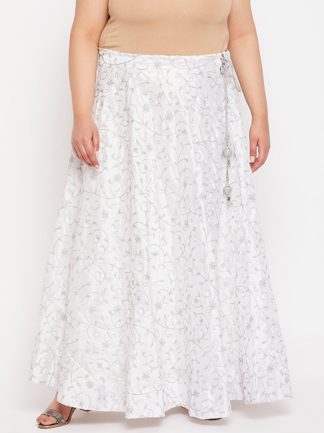 White & Silver Embroidered Flared Skirt