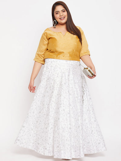 White & Silver Embroidered Flared Skirt