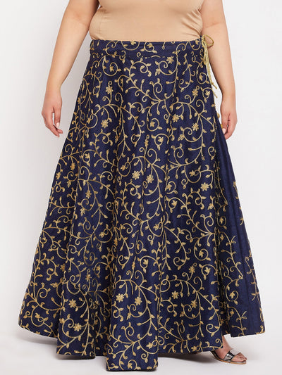 Navy Blue & Gold Embroidered Flared Skirt