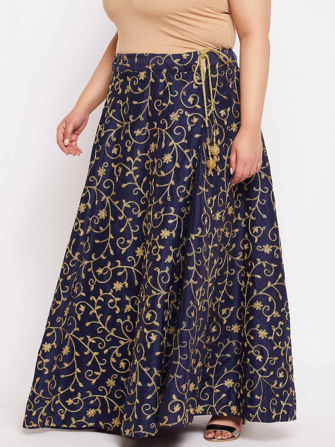 Navy Blue & Gold Embroidered Flared Skirt