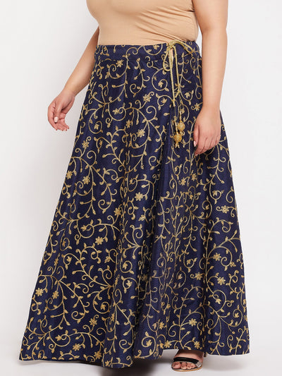 Navy Blue & Gold Embroidered Flared Skirt