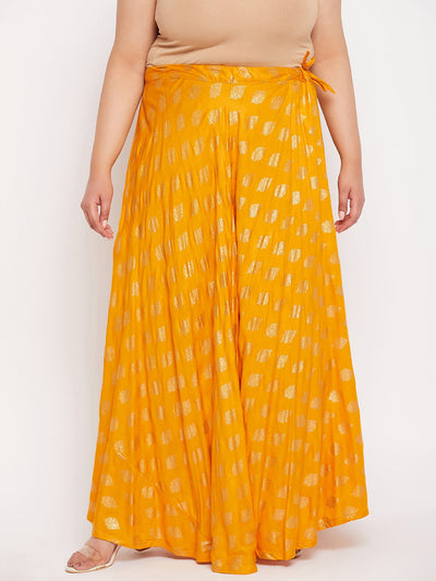 Mustard Printed Flared Rayon Skirt