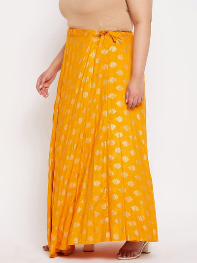 Mustard printed flared rayon skirt with drawstring waistband.