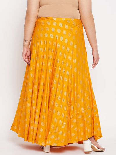 Mustard printed flared rayon skirt with drawstring waistband.