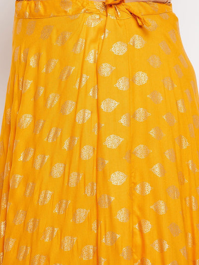 Mustard printed flared rayon skirt with drawstring waistband.