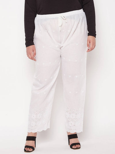 White Chikankari Cotton Palazzo with elastic waistband and drawstring.