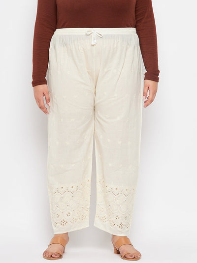 Cream Chikankari Cotton Palazzo with embroidered design and elastic waistband.