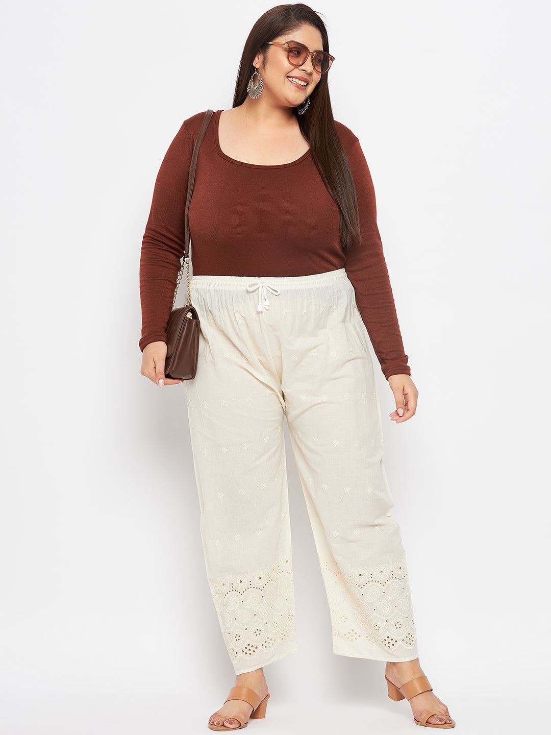 Cream Chikankari Cotton Palazzo with elasticated waistband and drawstring.