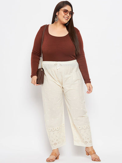 Cream Chikankari Cotton Palazzo with elasticated waistband and drawstring.