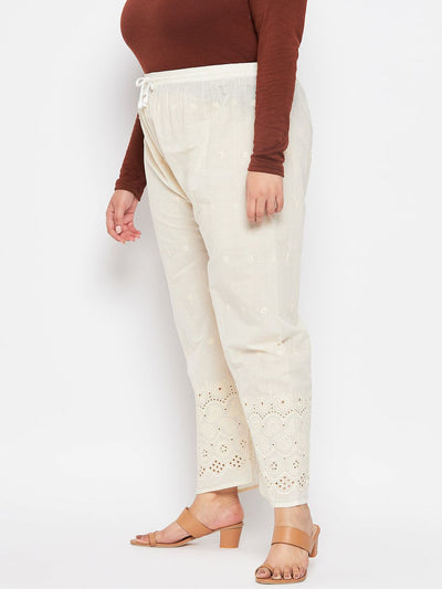 Cream Chikankari Cotton Palazzo with embroidered design and elasticated waistband.