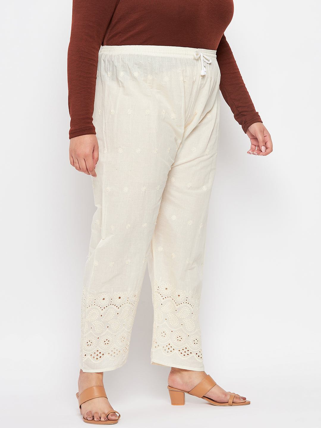 Cream Chikankari Cotton Palazzo with elasticated waistband and drawstring.