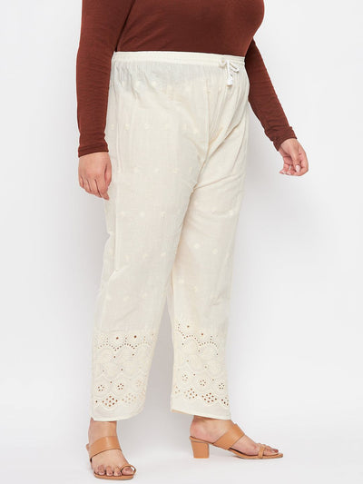 Cream Chikankari Cotton Palazzo with elasticated waistband and drawstring.