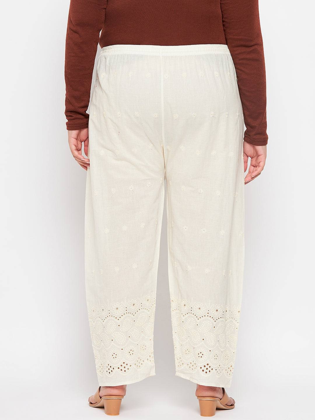 Cream Chikankari Cotton Palazzo with embroidery and elasticated waistband.
