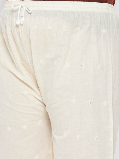 Cream Chikankari cotton palazzo with embroidered design and elastic waistband.