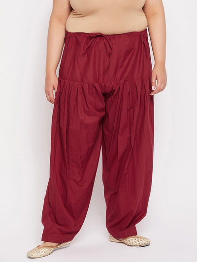 Maroon solid semi Patiala cotton salwar with drawstring waistband.
