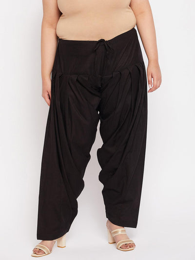 Black solid semi Patiala cotton salwar with drawstring waistband.