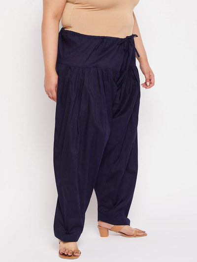 Navy Blue Solid Semi Patiala Cotton Salwar