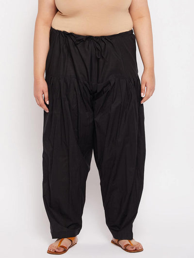 Black solid full Patiala cotton salwar with drawstring waistband.