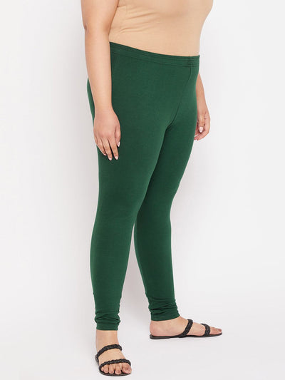 Bottle Green Solid Ankle Length Leggings with elasticated waistband.