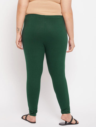 Bottle Green Solid Ankle Length Leggings with elasticated waistband.