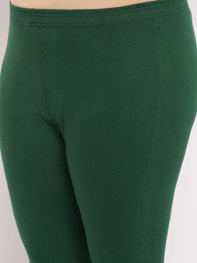 Bottle Green Solid Ankle Length Leggings with elasticated waistband.