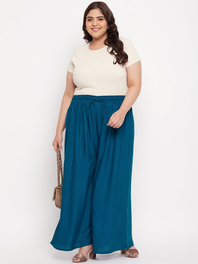 Aqua Blue Solid Rayon Jumbo Sharara with elastic waistband and drawstring.